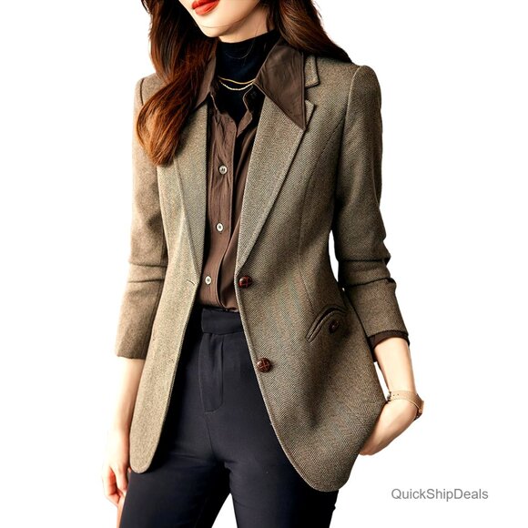 Jackets & Blazers - Wool Blend Blazer Notched Lapel Slim Fit Herringbone Pattern Single Breasted